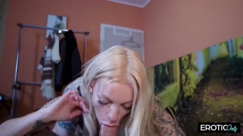 Tattooed Blonde Sucks Throbbing Cock Drooling Spit Everywhere