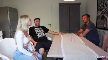 German Cuckold Husband Watch His Sexy Wife at No Condom Fuck with His Fat Cock Mate