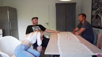 German Cuckold Husband Watch His Sexy Wife at No Condom Fuck with His Fat Cock Mate