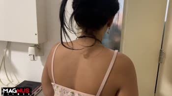 Lesbian Bathroom Threesome: Petite Brunette Teen (18+)'s Surprise Orgasm
