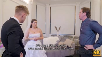 BRIDE4K. Bride spreads her legs in front of the wedding manager for some help