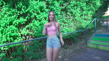 Be's Skinny College Cutie Takes a Big Cock Outdoors