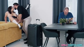 Juicy babe Peachy Alice has rough fuck session with random man in front of her grandpa