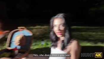 HUNT4K. Sexy skinny brunette doesn’t care about her BF and is giving a sloppy blowjob to a stranger