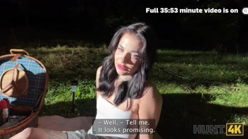 HUNT4K. Sexy skinny brunette doesn’t care about her BF and is giving a sloppy blowjob to a stranger