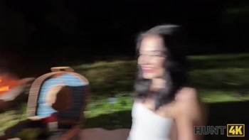 HUNT4K. Sexy skinny brunette doesn’t care about her BF and is giving a sloppy blowjob to a stranger