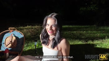 HUNT4K. Sexy skinny brunette doesn’t care about her BF and is giving a sloppy blowjob to a stranger