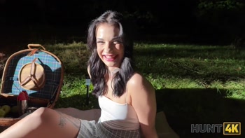 HUNT4K. Sexy skinny brunette doesn’t care about her BF and is giving a sloppy blowjob to a stranger