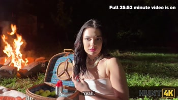 HUNT4K. Sexy skinny brunette doesn’t care about her BF and is giving a sloppy blowjob to a stranger
