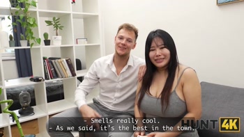 HUNT4K. Chubby girl masturbate with her big tits for money