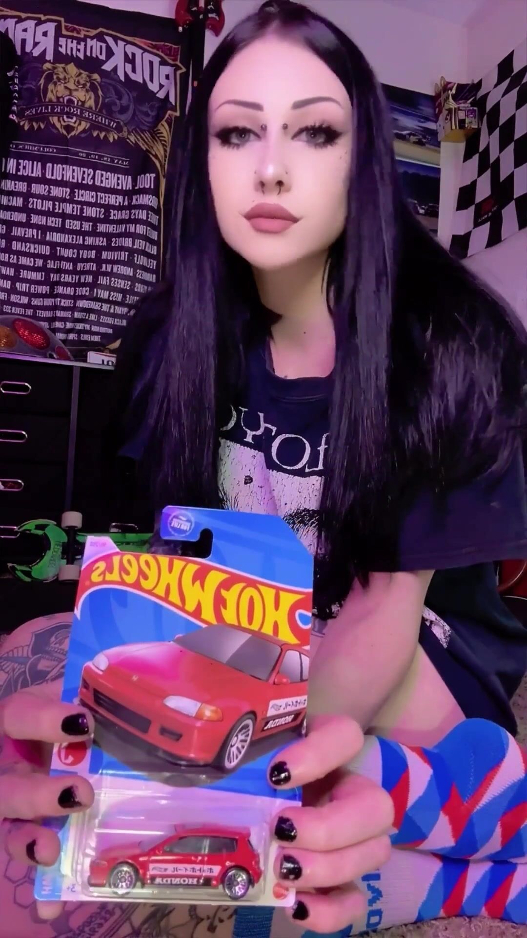 Goth Girl Shows off Hotwheels Collection and Stretches her Tight Pussy