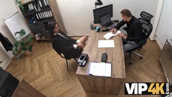 VIP4K. Sexy 18-year-Old Brunette gets fucked Hard in the Office to secure a Loan