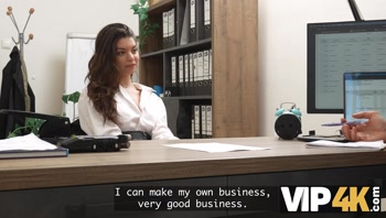 VIP4K. Sexy 18-year-Old Brunette gets fucked Hard in the Office to secure a Loan