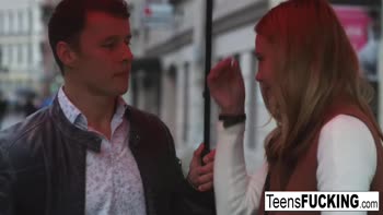 Busty blonde teen (18+) seduces him in a white dress