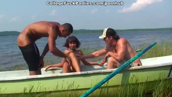 Nude Student Girl Stretched and Double Fucked in the Boat