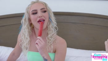 Cum Hungry Blonde hotties Molly Little & Britt Blair compare popsicle sucking to blowjobs