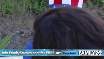 Stepmom and Stepdaughter Share a Cock During a Family BBQ, Sucking and Fucking