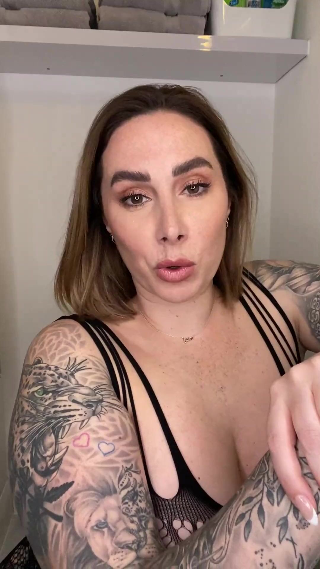 Paige is in Fishnets taking a Big Black Cock Dildo and Finishes with her Mouth