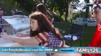 Stepmom and Stepdaughter Share a Cock During a Family BBQ, Sucking and Fucking