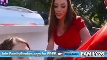 Stepmom and Stepdaughter Share a Cock During a Family BBQ, Sucking and Fucking
