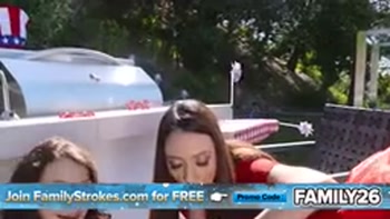 Stepmom and Stepdaughter Share a Cock During a Family BBQ, Sucking and Fucking
