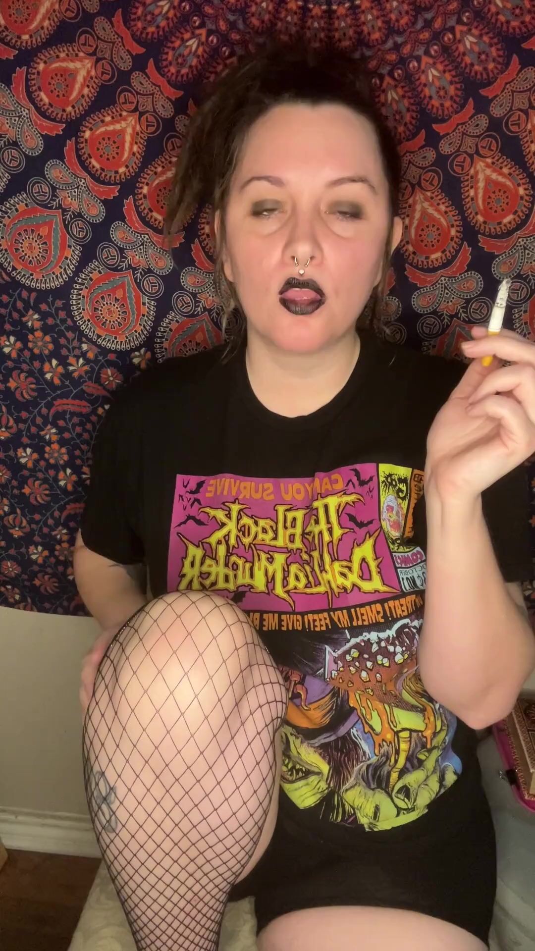 Smoking a Cigarette with Black Lipstick