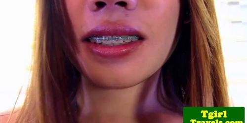 Braced Asian Shemale Strips Down for a Fierce Anal Dildo Ride
