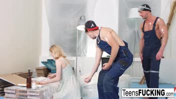 Innocent blonde gets double penetrated by the painters