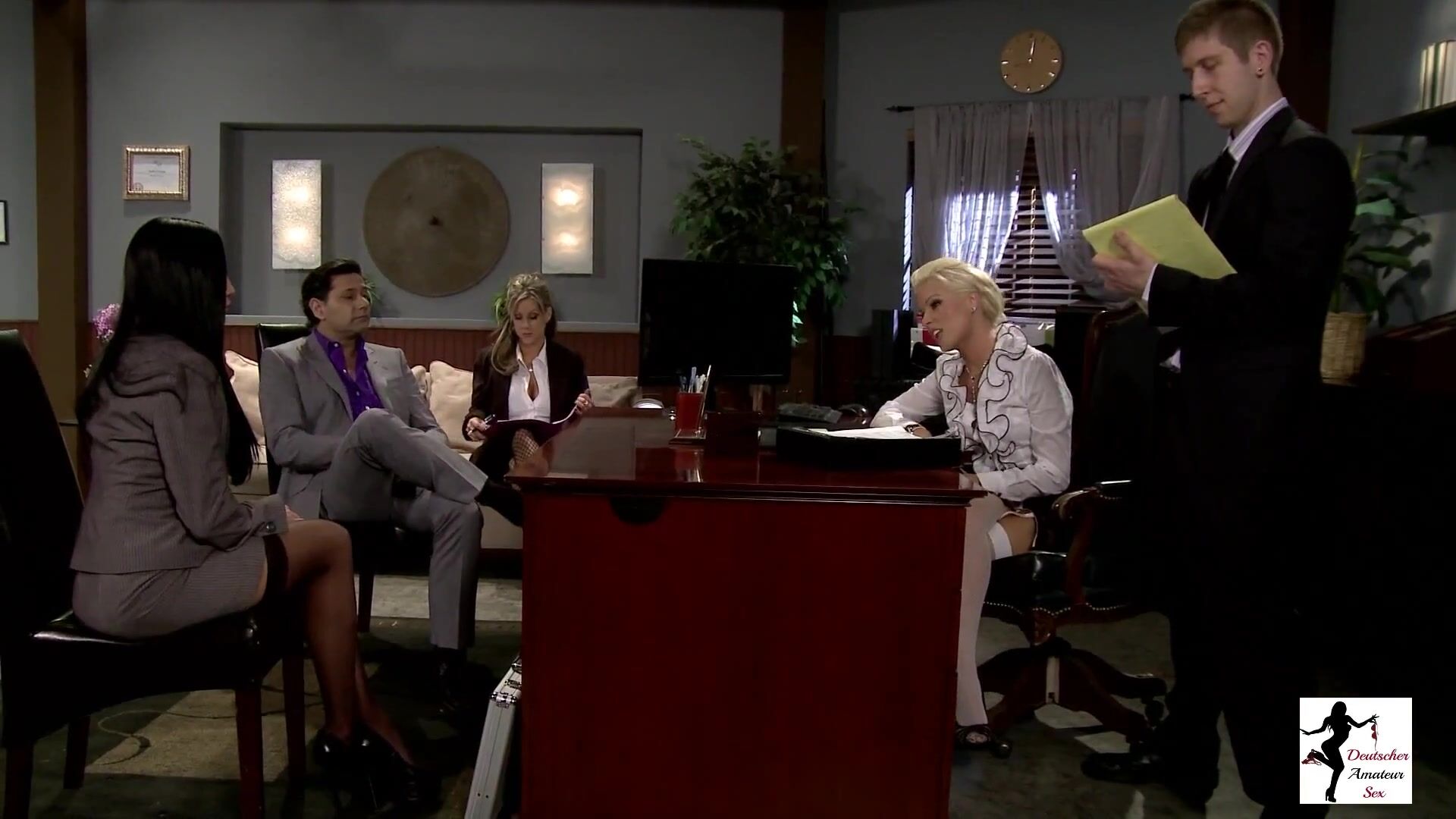 Audrey Bitoni Takes Part in an Office Orgy that Ends with Cum in her Mouth