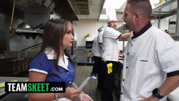 Petite Bunny Fae Takes On The Entire Kitchen Crew In A Wild Restaurant Gangbang