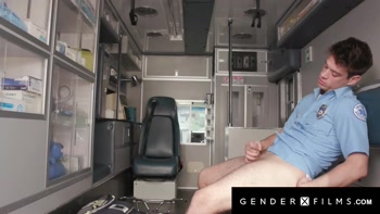Trans Nurse Catches EMT Jerking Off, Returns the Favor in Steamy Ambulance Tryst