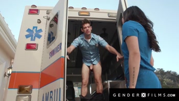 Trans Nurse Catches EMT Jerking Off, Returns the Favor in Steamy Ambulance Tryst