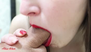 AlissaWhite1's Sizzling POV Blowjob: Huge Cumshot in Red-Lipsticked Perfection